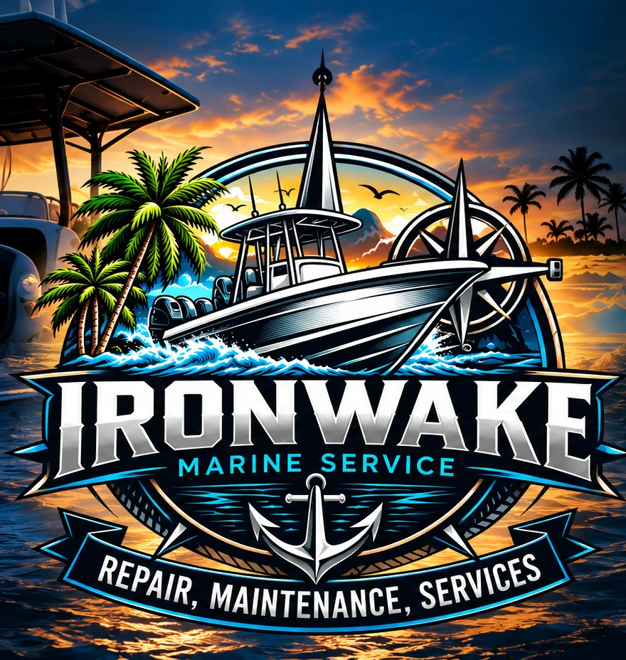 Iron Wake Marine Service emblem: a center console boat at sunset. Repair, maintenance, services.