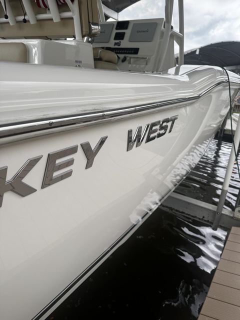 Center console tied up at the dock